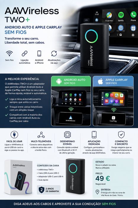 AAWireless TWO+ NOVO SELADO – Android Auto + Apple CarPlay Wireless