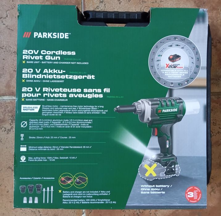 Máquina de rebites a bateria Parkside 20V nova