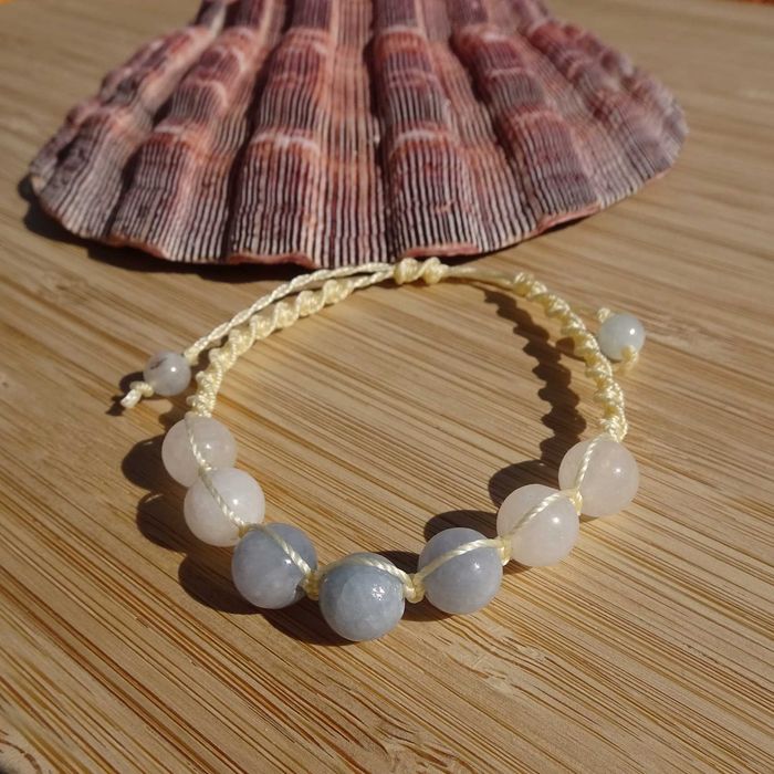 Bransoletka makramowa Akwamaryn Nefryt biały Regulowana