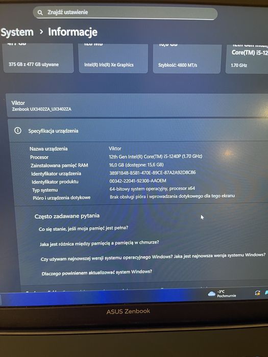 Asus Zenbook 14 UX3402Z | I5-1240P | 16 Gb ram | 512 gb SSD | OPIS!