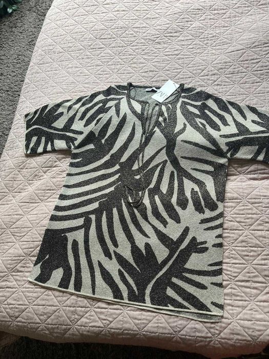 Elegancki komplet ZARA tunika i spodnie beżowo-czarny NOWY