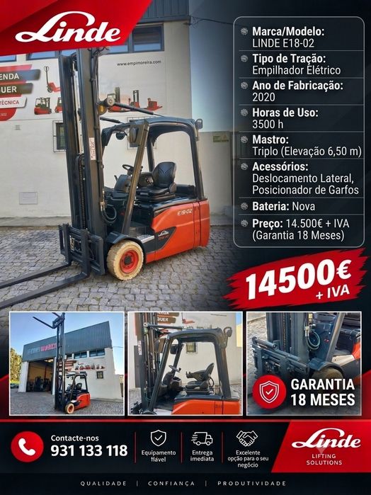 Empilhador Elétrico Linde E18-02, 2020 , Triplo 6.50mt , Bat.Nova  , 18meses garantia