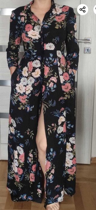 Zara Premium  sukienka  M 38 czarna kwiaty musi maxi długa
