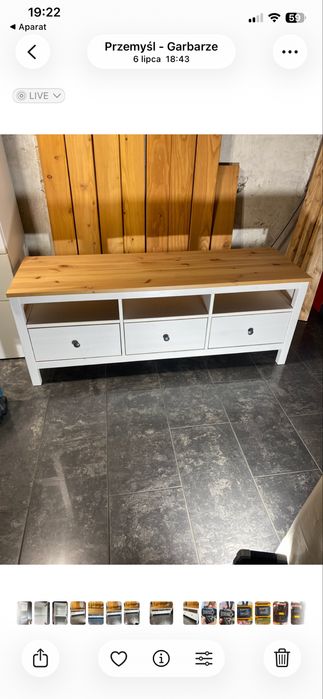 IKEA HEMNES szafka pod TV, 148 × 47 × 57 cm, w wariancie biała bejca / jasnobrązowy.