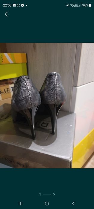 Szpilki czółenka skóra naturalna ravini 38 srebrny szary czarny