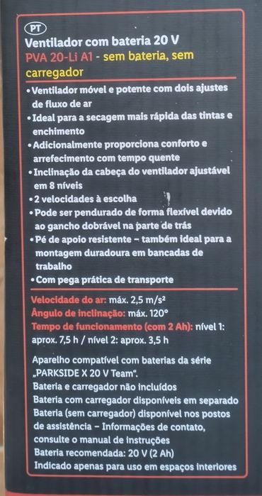 Ventilador a bateria 20V Parkside