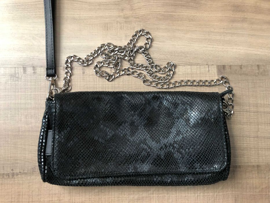 Nowa, skórzana , elegancka, torebka kopertówka Venezia, czarno-szara