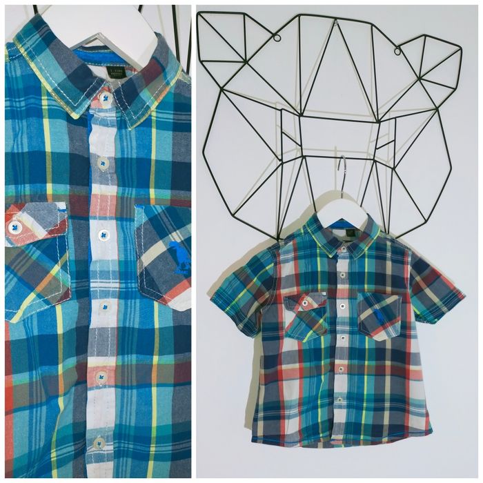 Koszula elegancka krótki rękaw kolorowa w kratę 92 98 niebieska zielon