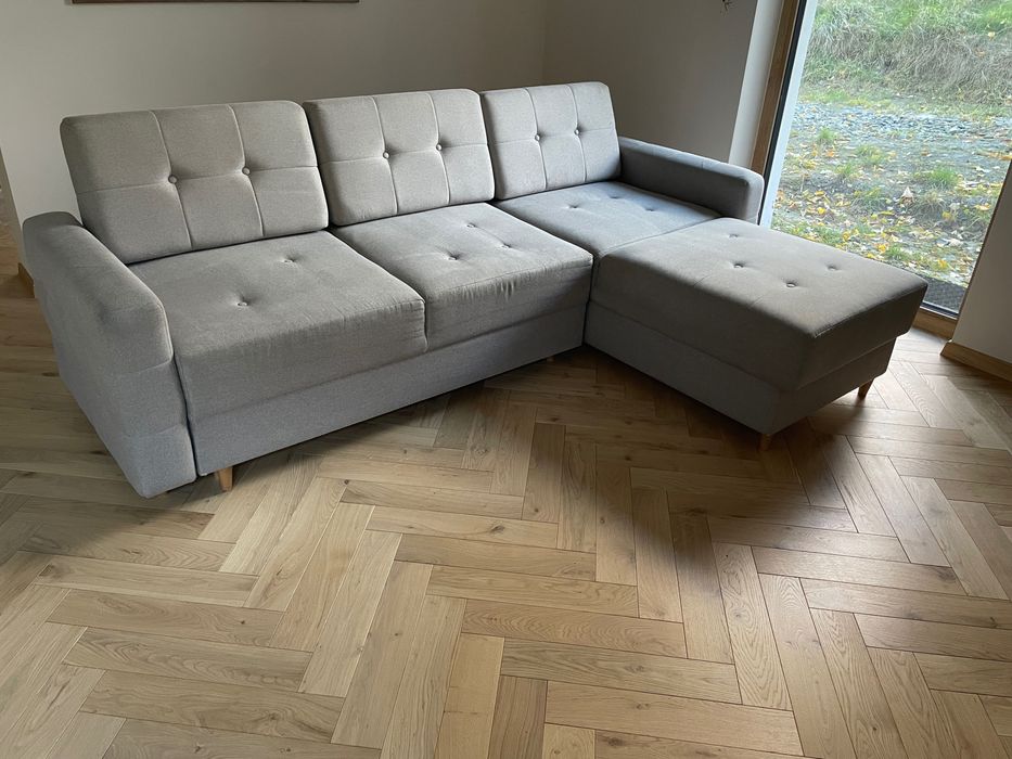 Rozkładana sofa narożnik szary z funkcją spania i pojemnikiem na pościel