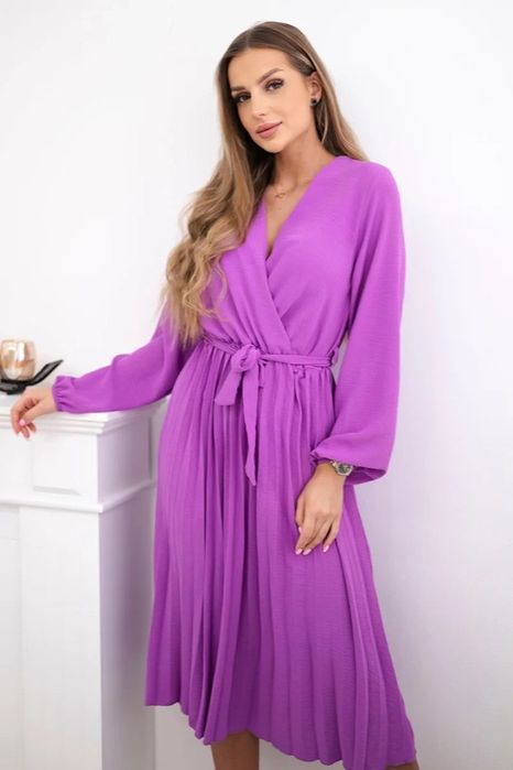 Sukienka damska fioletowa plisowana midi elegancka wiązana