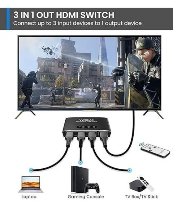VWRHar HDMI Switch 3 IN 1 OUT Алюмінієвий розгалужувач HDMI з дистанці
