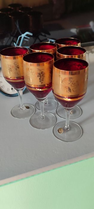 6 Фужеров,ГРАНАТ в ЗОЛОТІ.Богемія.Вінтаж.Чехословацьке скло .