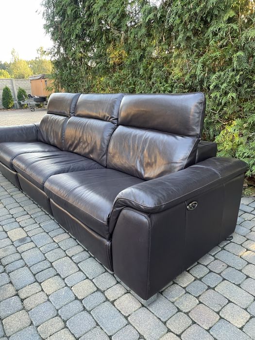 Zestaw wypoczynkowy skórzany rozkladana elektrycznie sofa relax 3m puf