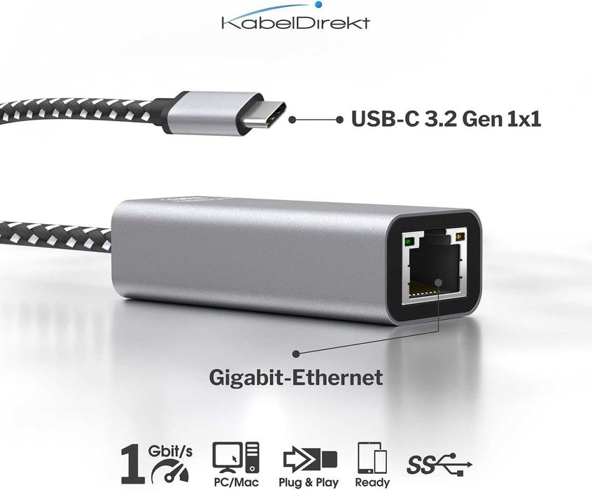 KabelDirekt karta sieciowa USB-C RJ45 Gigabit Ethernet Adapter do PC