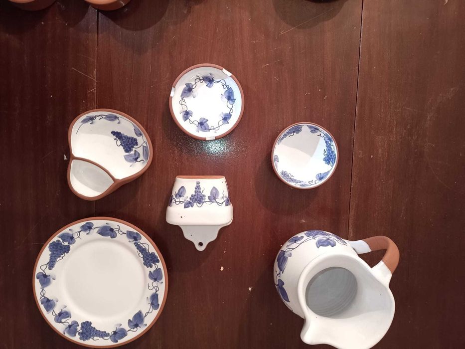 Set decorativo loiça para cozinha - barro branco com detalhes azuis