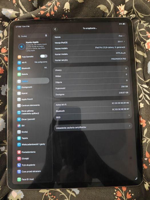 Apple iPad Pro 12.9" 3. gen 256GB Wi-Fi / A12X / 120Hz / bardzo dobry stan