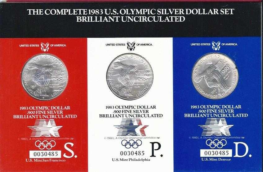 E. U. AMERICA J.Olimpicos  1983  On Dollar  3 Moedas em Cartão alusico  Prata