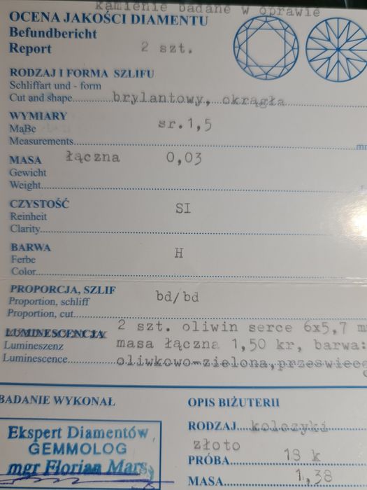 Zlote kolczyki z oliwinami i brylantami