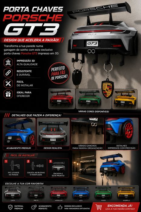 Porta-Chaves de Parede Porsche GT3 | Impressão 3D