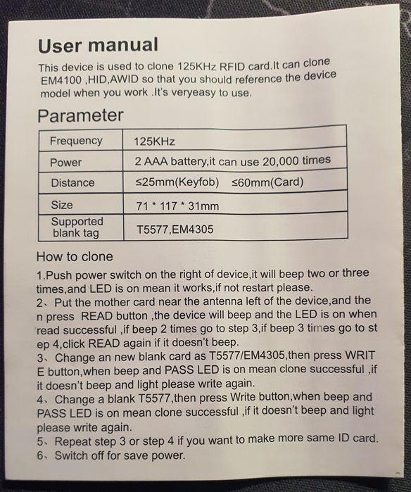 Programator kart dostępu, pastylek, RFID
