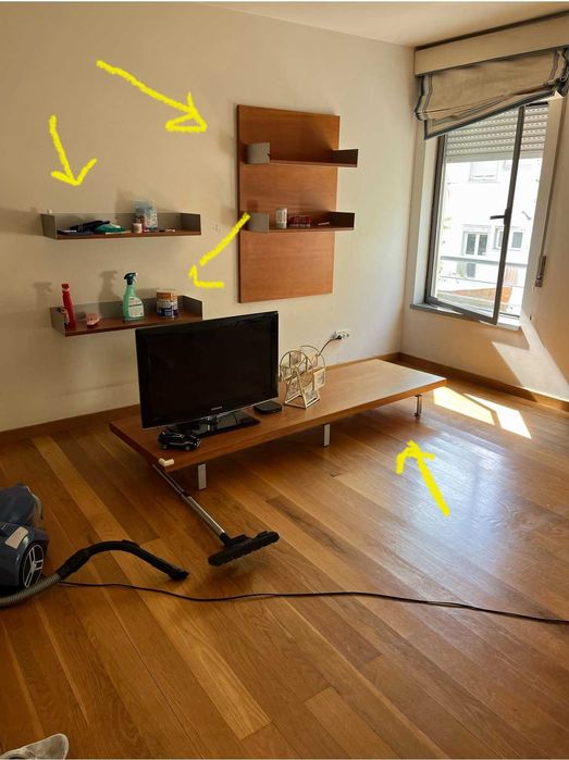 Conjunto de 2prateleiras + estrutura com 2 prateleiras + base madeira