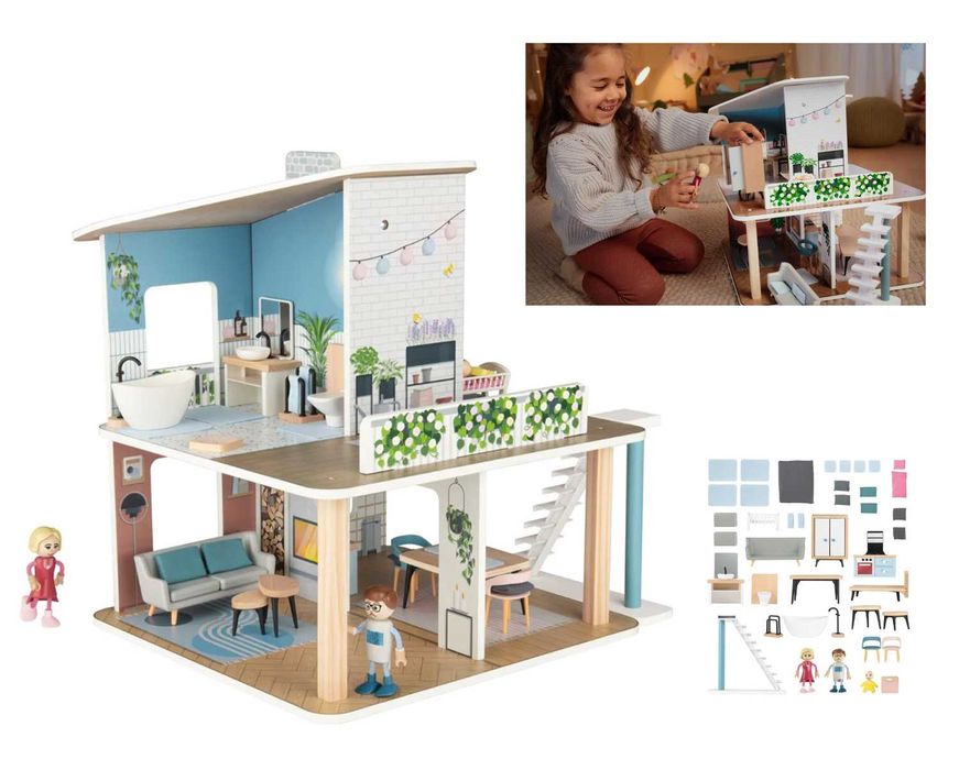 Domek dla lalek daszek cztery ściany duże przestrzenie drewno 42el.