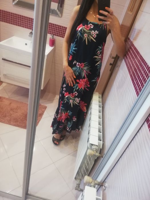 Długa maxi sukienka letnia plażowa kwiaty hiszpanka 40 L 42 XL