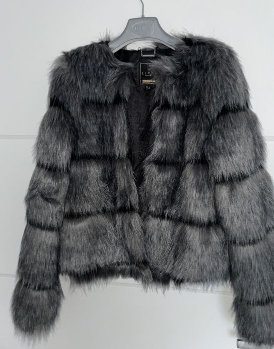 Lipsy London Deluxe Outerwear piekne futerko szare srebrne M L 38