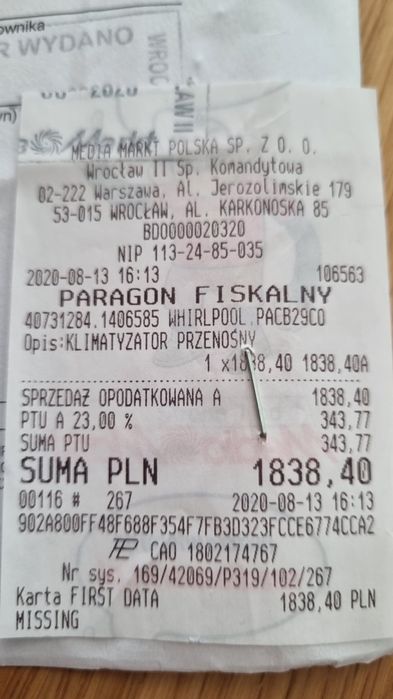 Klimatyzator przenośny Whirlpool PACB29CO Eco Silent- jak nowy