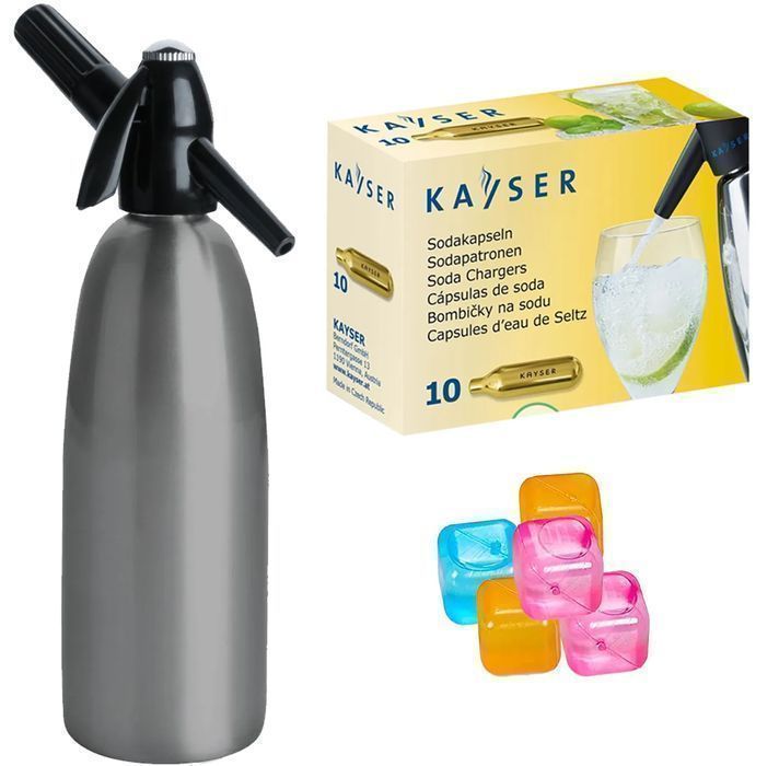Saturator syfon do wody gazowanej szary 1L + 10 naboi + 5 kostek lodu