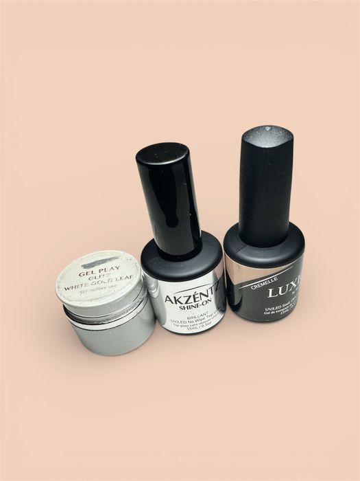 Гель лак Luxio Cremelle,топ Shine-on,Gel play glitz white gold leaf