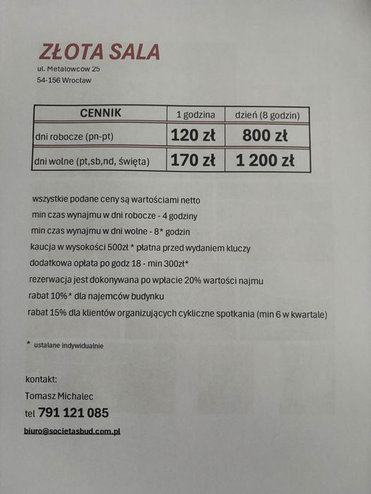 Sala konferencyjno bankietowa Złota Sala