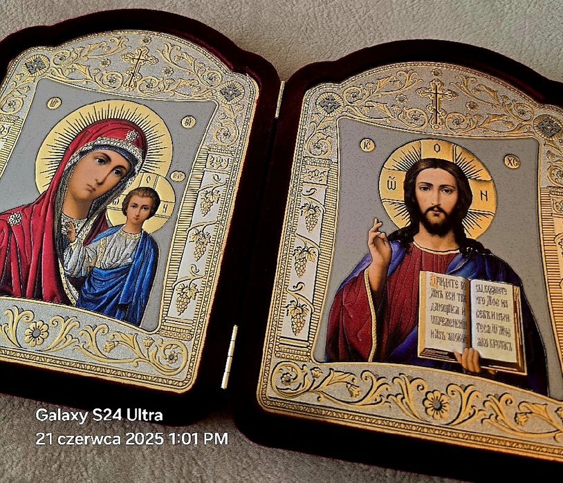 Dyptyk Ikona prawosławna Matka Boska Kazańska Jezus Pantokrator.
