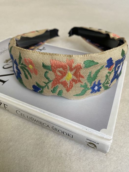 Opaska do włosów Boho/Ethnic haftowana wysoka, Floral/Khaki