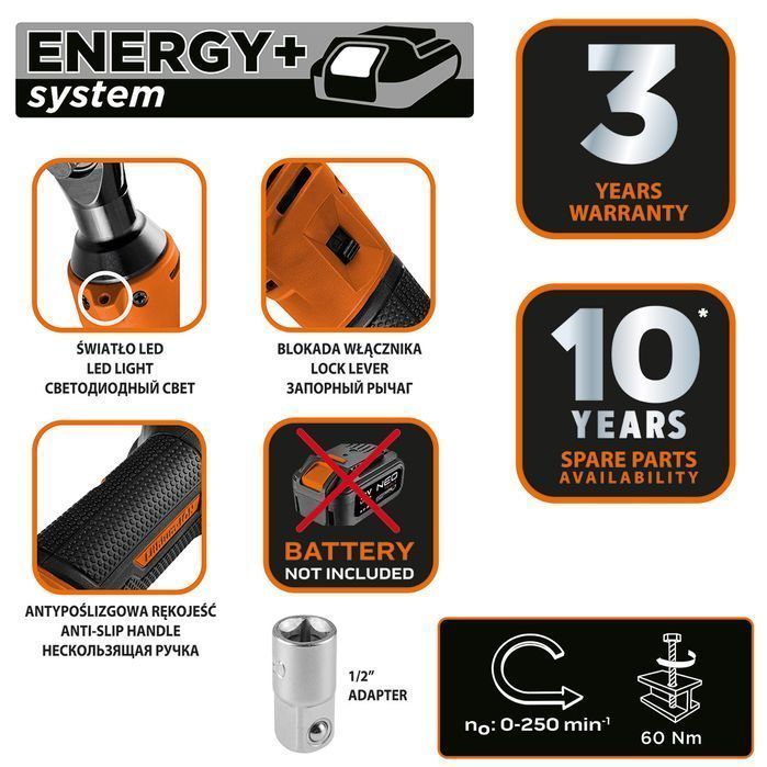 Grzechotka Akumulatorowa Energy+ 18V, 3/8”, Bez Aku, Adapter 1/2"