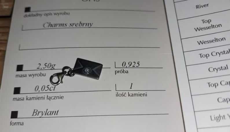 W. kruk zawieszka charms srebrny. Koperta. Brylant. Certyfikat Nowy