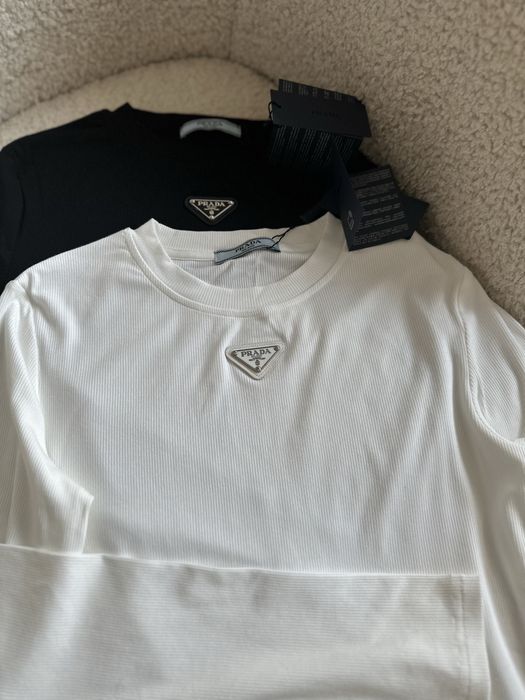 Лонгслів лонг в рубчик чорний білий Прада Prada S M L XL