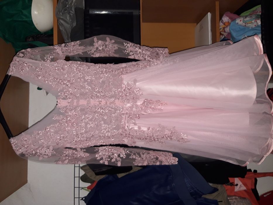 Super pudrowa sukienka na wesele koronka tiul S 36