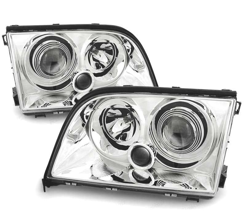 FARÓIS COM PROJETOR MERCEDES S W140 91-98 FUNDO CROMADO