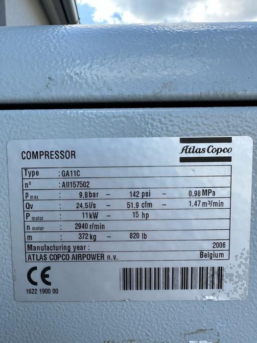 Kompresor 11KW śrubowy sprężarka Atlas Copco GA 11 FF osuszacz komplet