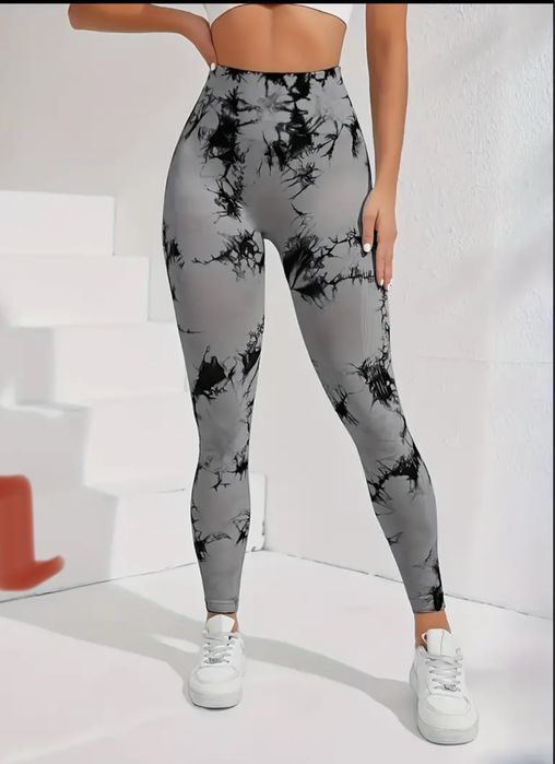 Лосини для спорту чорні, мармур ТАЙ ДАЙ з ефектом PUSH UP