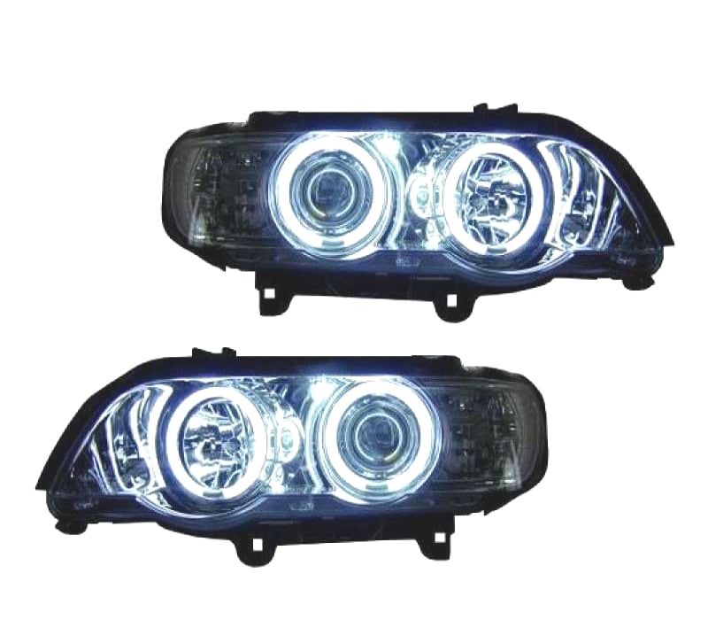 FARÓIS BMW X5 E53 99-03 ANGEL EYES CCFL FUNDO CROMADO