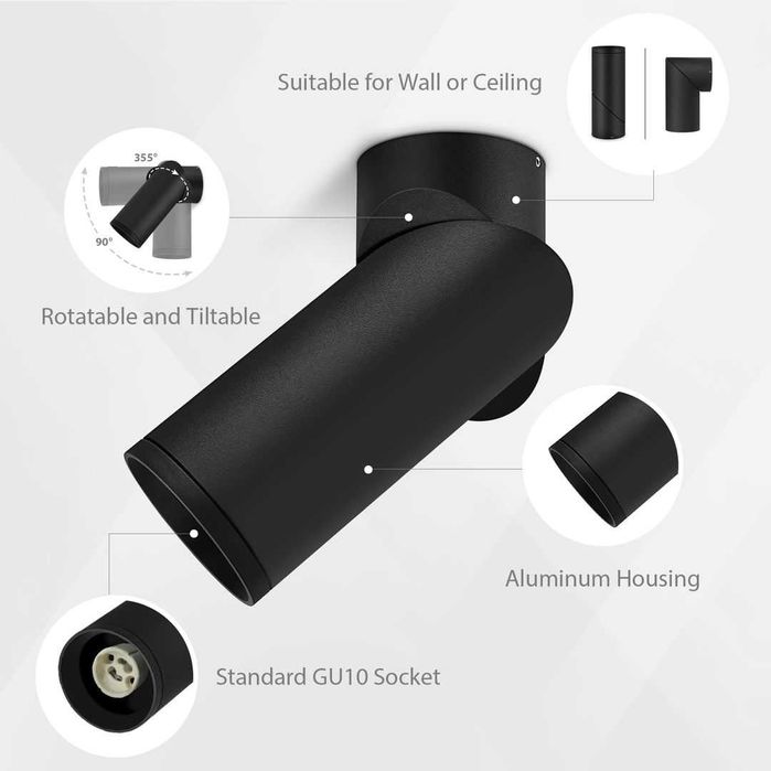 Reflektor natynkowy czarny, obrotowy z gniazdem GU10