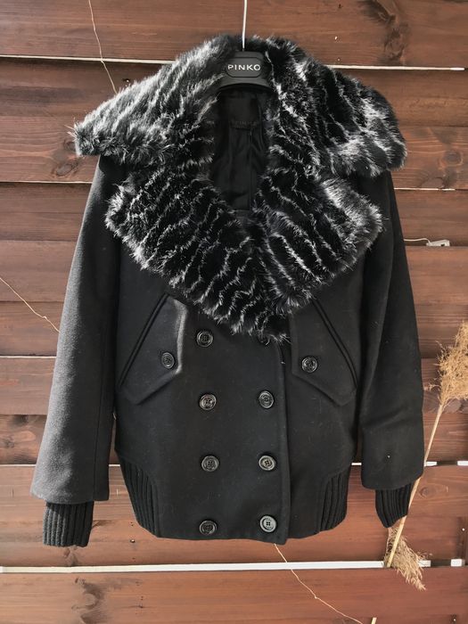 PINKO nowa czarna kurtka jesionka wełniana sztuczne futro S