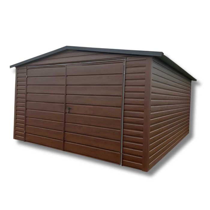 Garaż blaszany premium 3,5x4 m – dach dwuspadowy, ciemny orzech