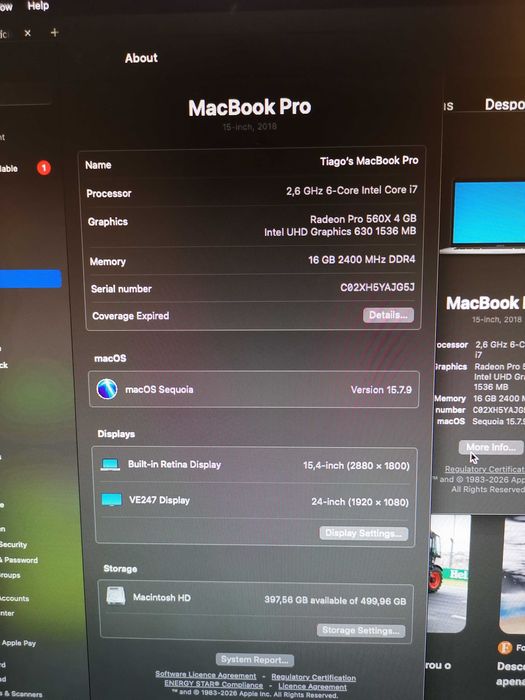 Macbook Pro 15'' 2018 16GB RAM+512GB Disco (só funciona com monitor externo)