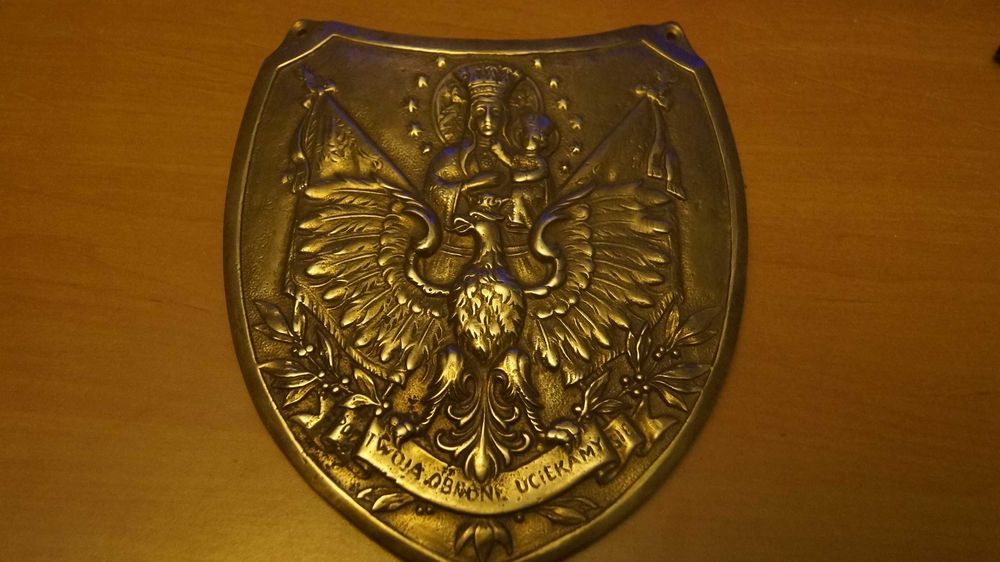 Rynograf Orzeł Matka Boska mosiądz 17X15cm Pod Twoja opiekę PRL antyk