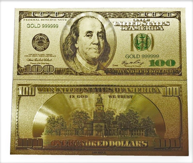 Notas em folha de OURO 24k 100USD + 100USD ANTIGA