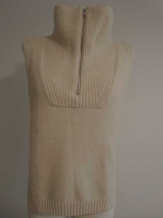 Golf Ponczo Kremowy Sweter bez Rękawów i Boków Kamizelka z Wełną Szal