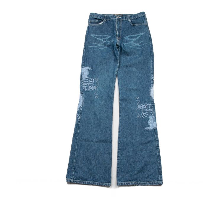 Japan style spodnie ze smokami y2k hafty dzwony 36eu/S bootcut flare